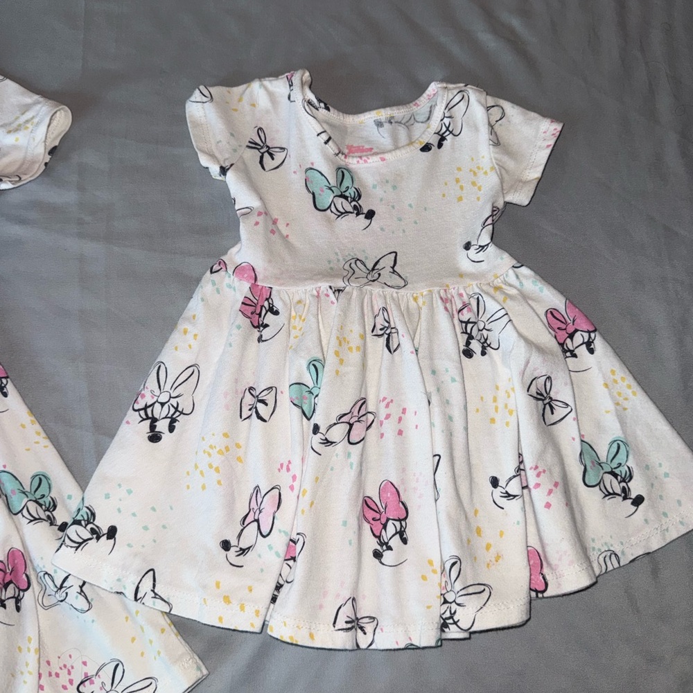 Charming Kids Dress with Minnie Mouse Print - White, Pink, and Blue